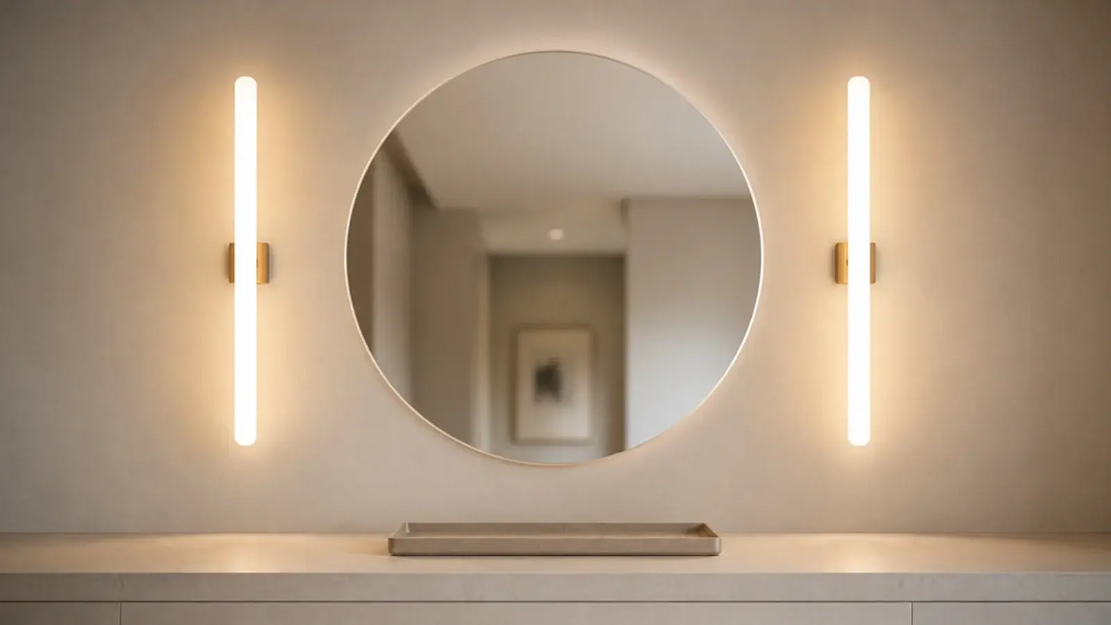 slim warm light bars flanking a mirror above an almost empty counter