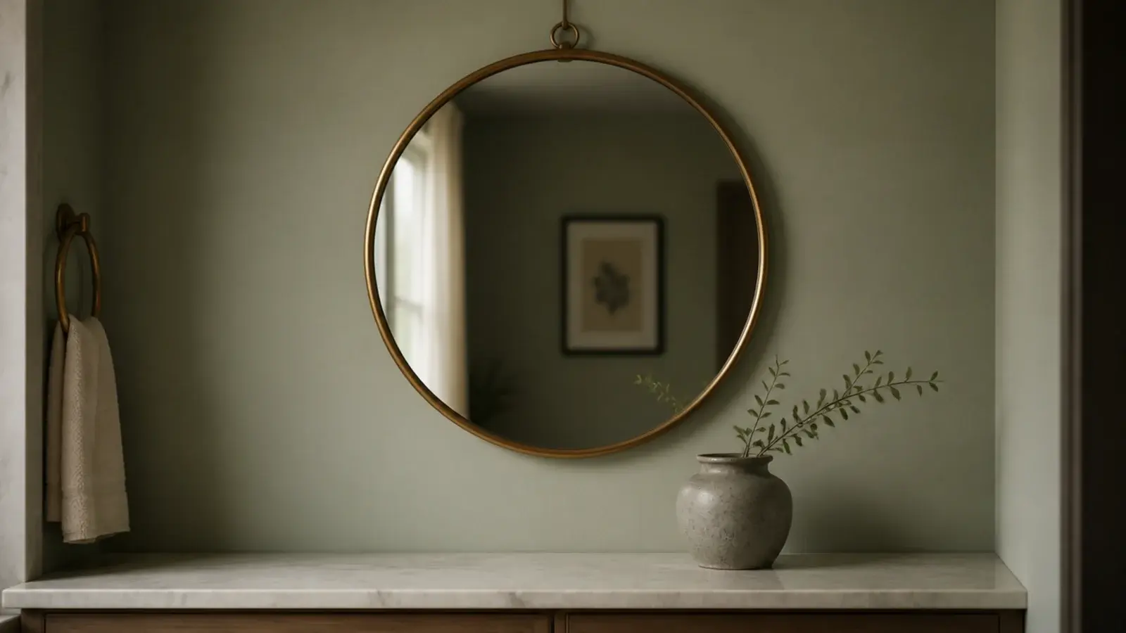 single round mirror above a calm vanity with no extra magnifying mirrors