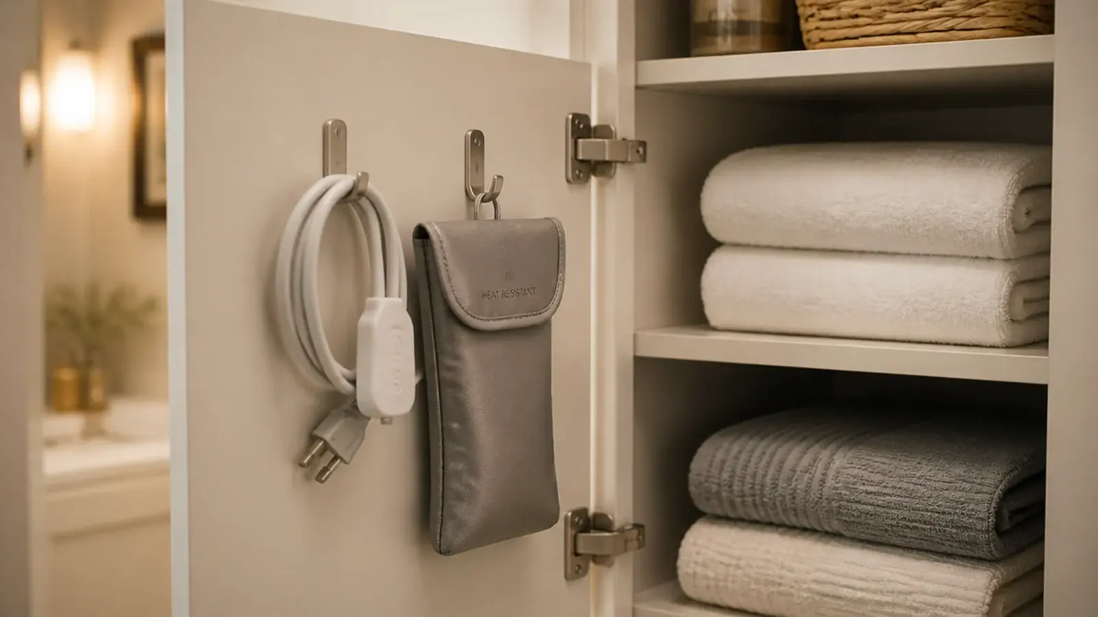 hair tools hanging on hooks inside an open cabinet door out of sight