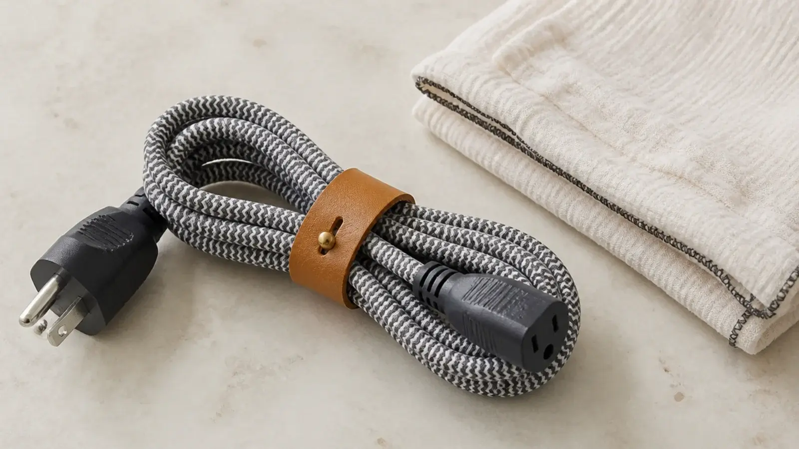 single coiled tool cord held by a leather tie on a bare counter