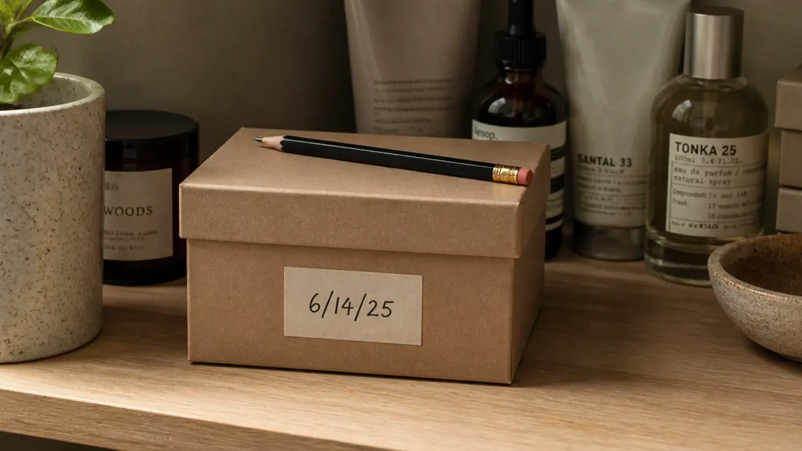 small labelled box holding undecided products with a date written on it