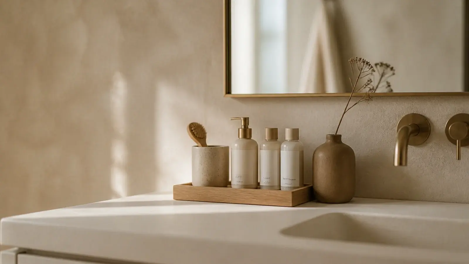 minimalist vanity organization with a pared back counter tray and brush cup