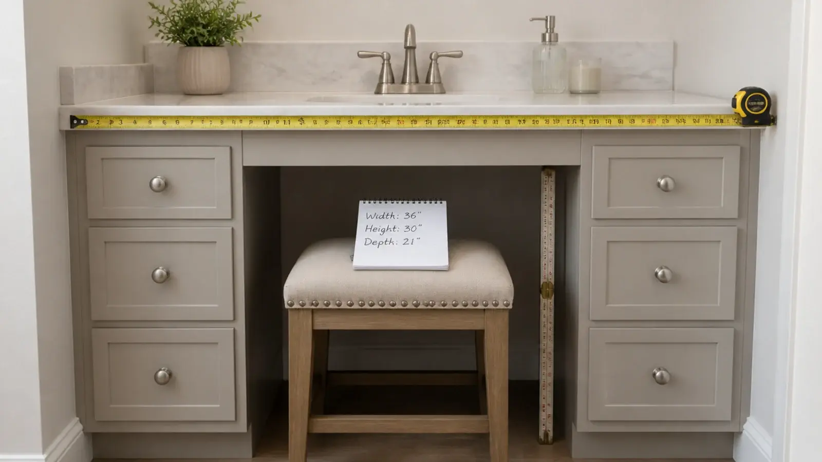 tape measure recording counter width and knee space at a small vanity