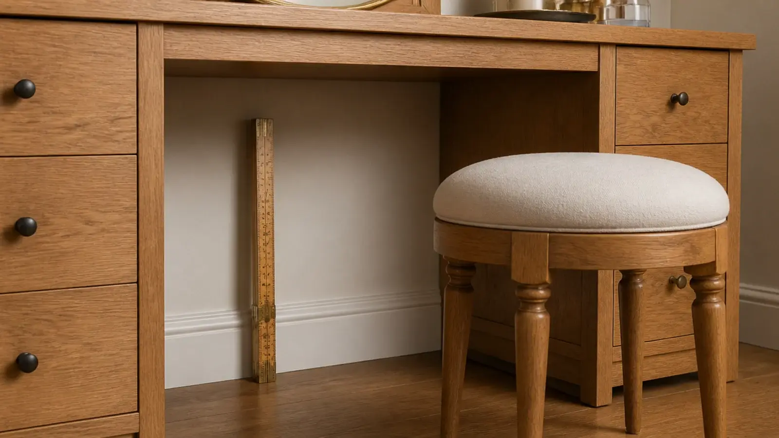 folding rule measuring the knee space beneath a small vanity counter