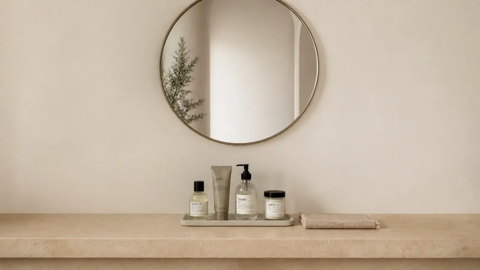 small vanity counter holding only a tray of daily products