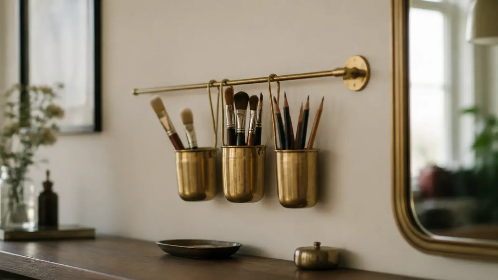 slim wall rail with hanging cups above a small vanity counter