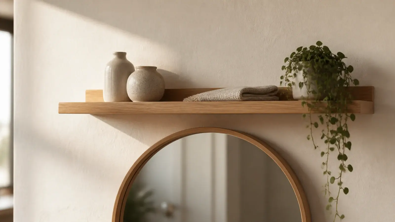 shallow four inch ledge shelf mounted above a small vanity mirror