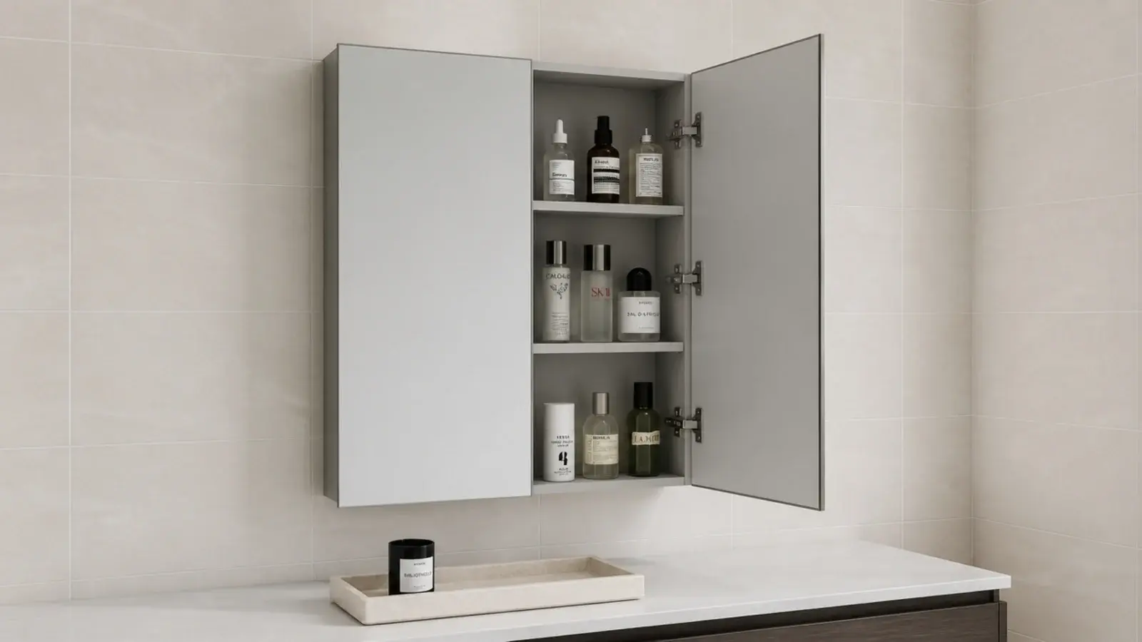 mirror cabinet opened to show shelves above a small vanity