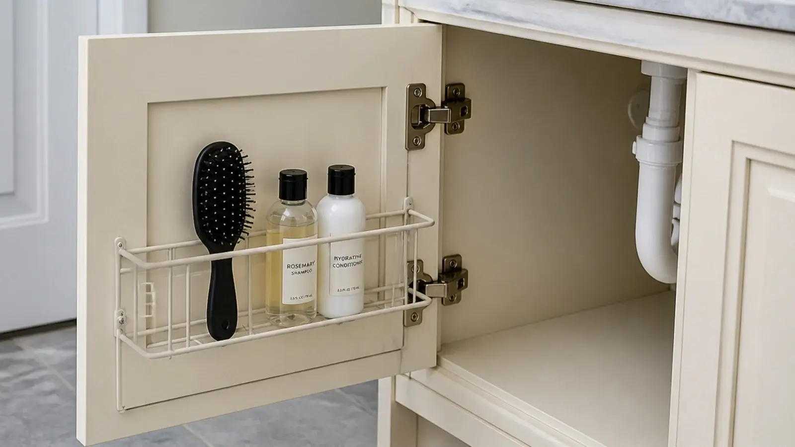 shallow rack on the inside of a small vanity cabinet door