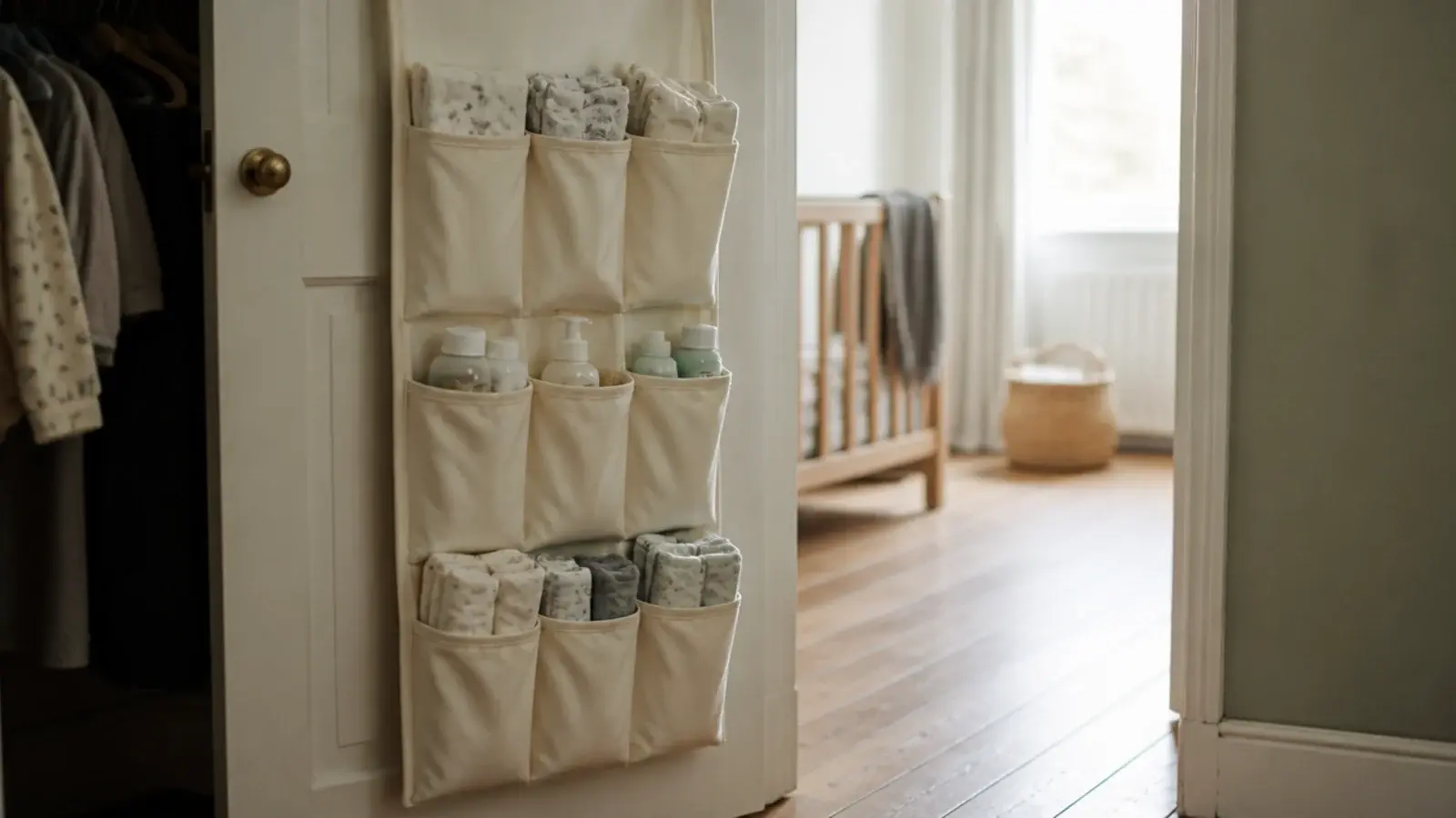 fabric over the door organizer holding vanity backstock in pockets