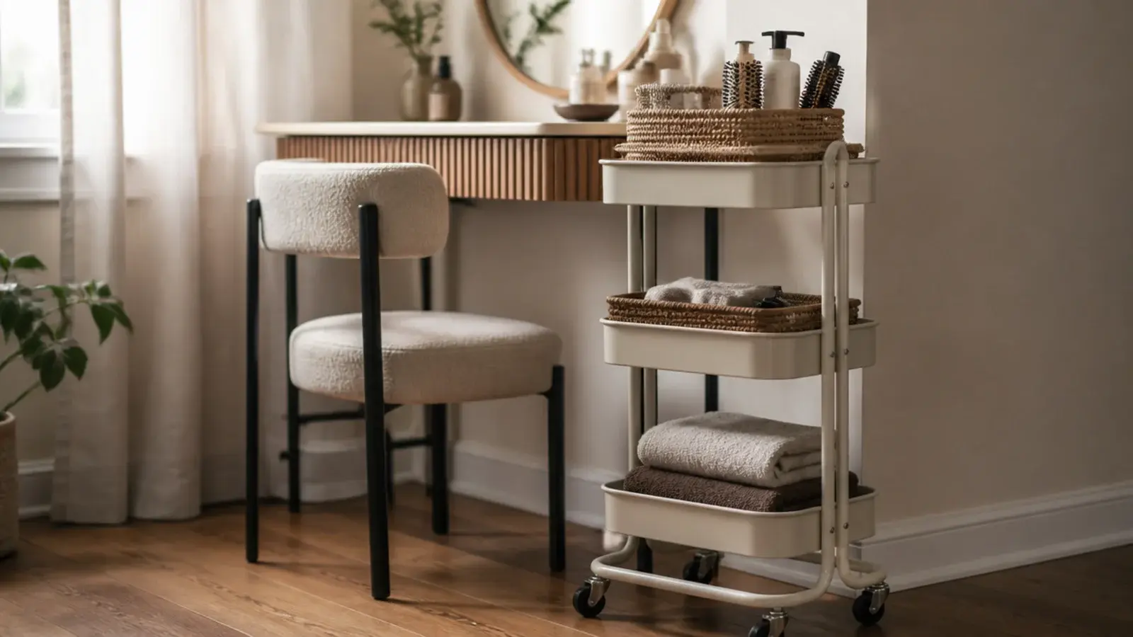 narrow rolling cart parked beside a small vanity holding baskets
