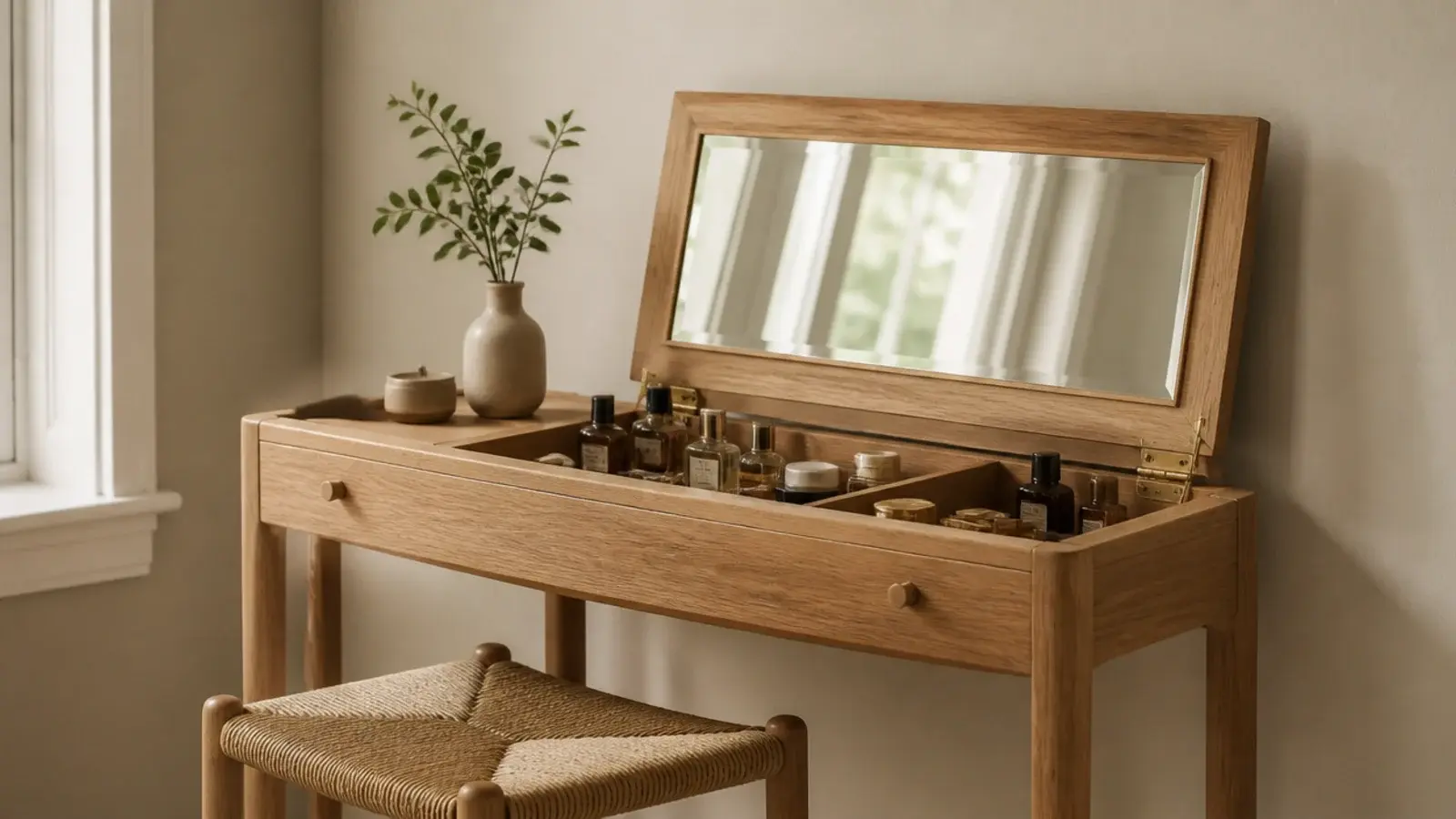 flip top vanity table opened to reveal a mirror and storage