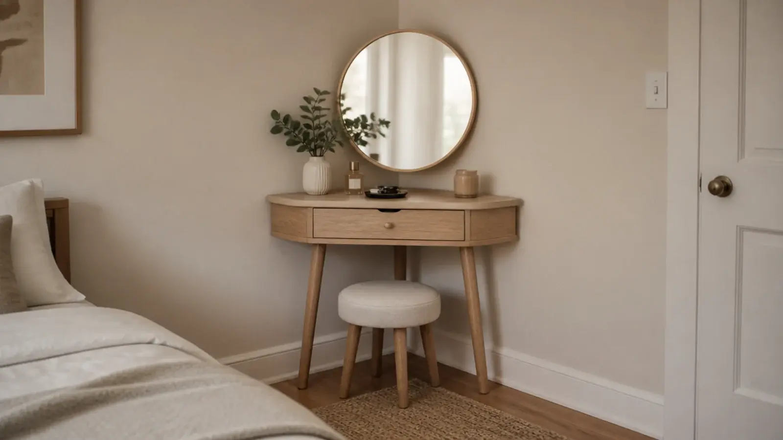 compact corner vanity set into an awkward bedroom corner