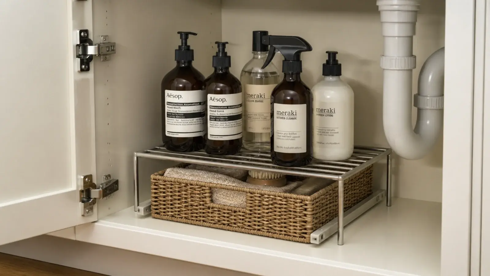 basket sliding under a shelf riser inside a small vanity cabinet