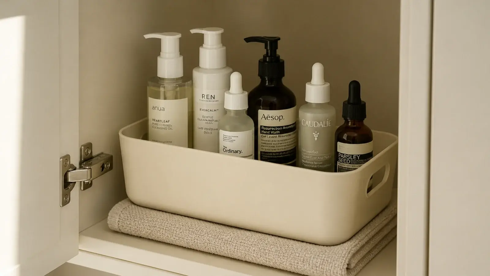 bottles standing upright in a deep bin inside a small vanity