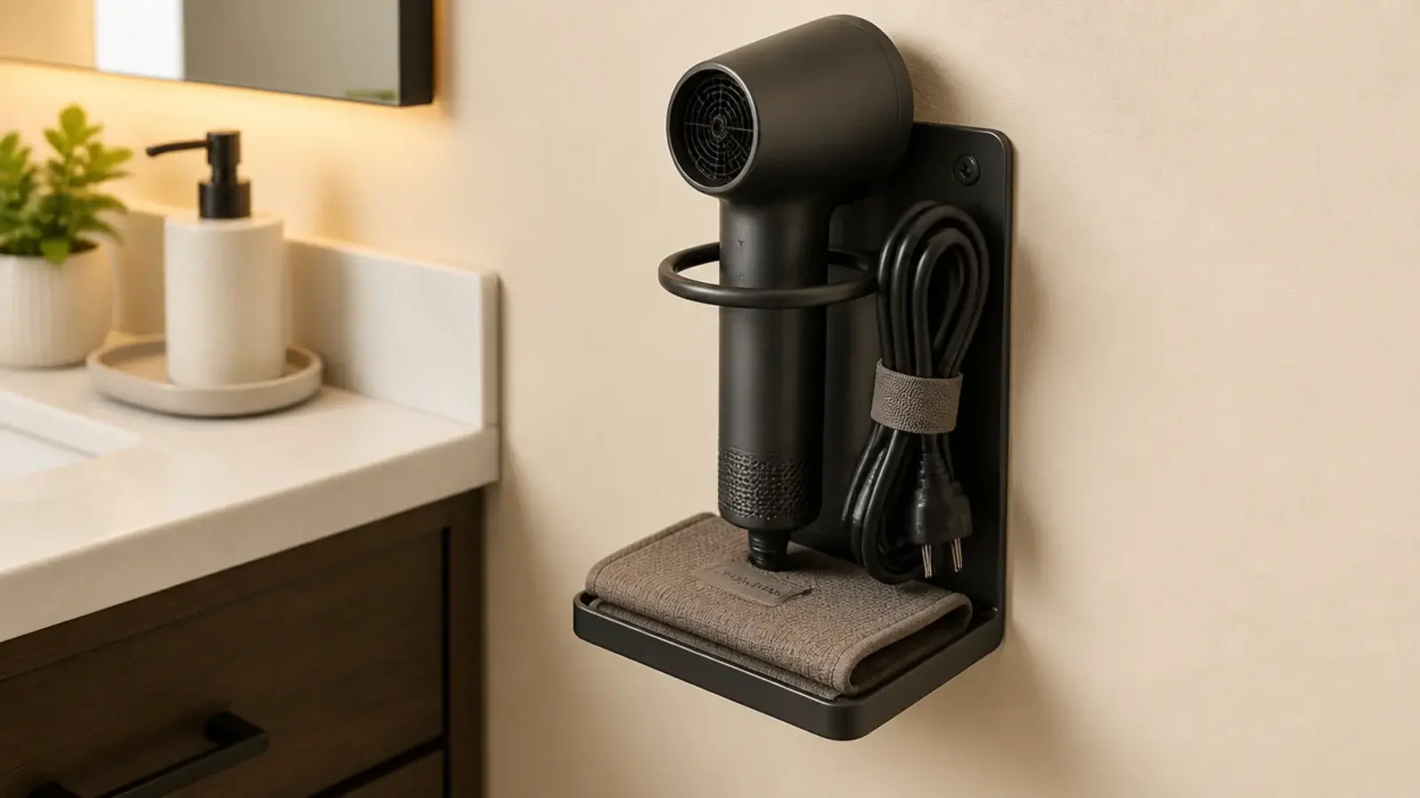 hair dryer holder mounted on the wall beside a small vanity