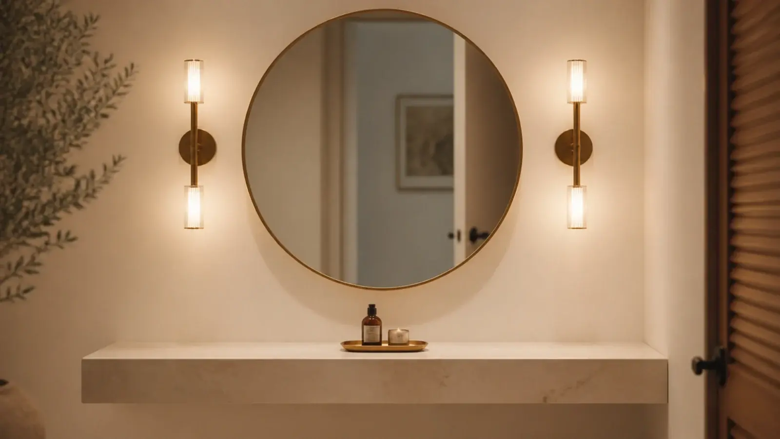 small vanity mirror lit by slim sconces on both sides