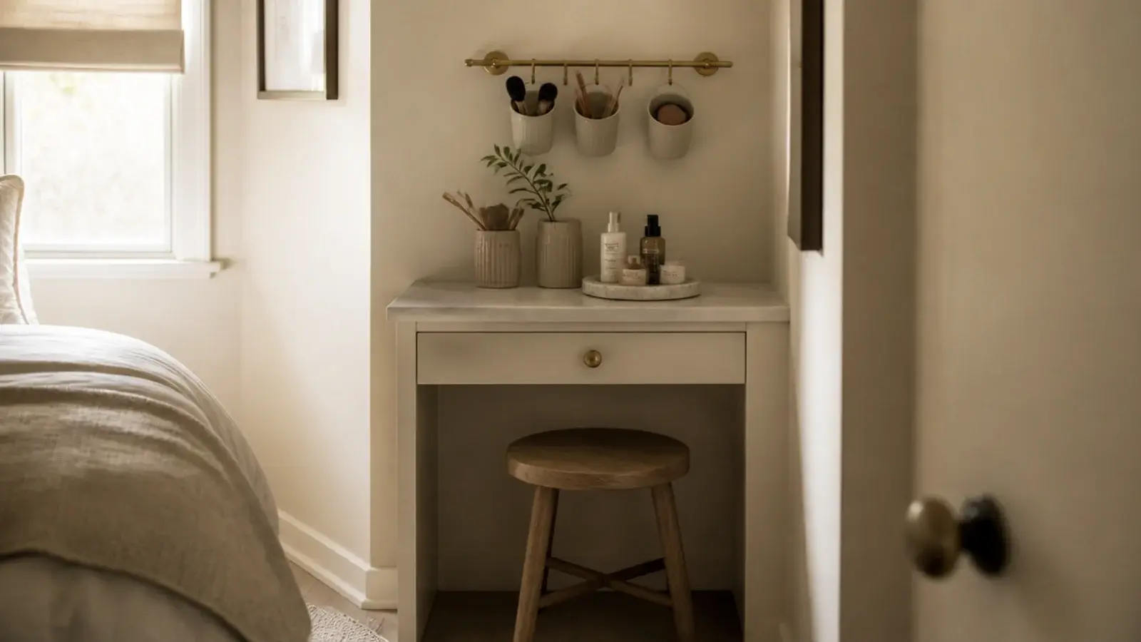 small vanity organization in a narrow nook with rail, tray and stool