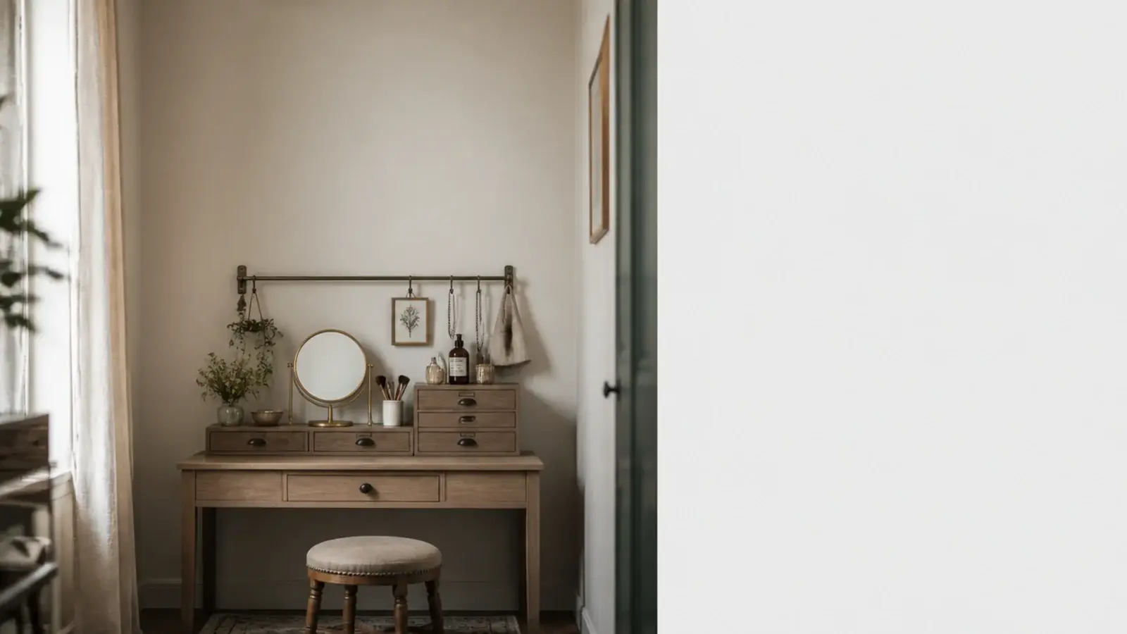 vertical guide to small vanity organization with rails and stacking drawers