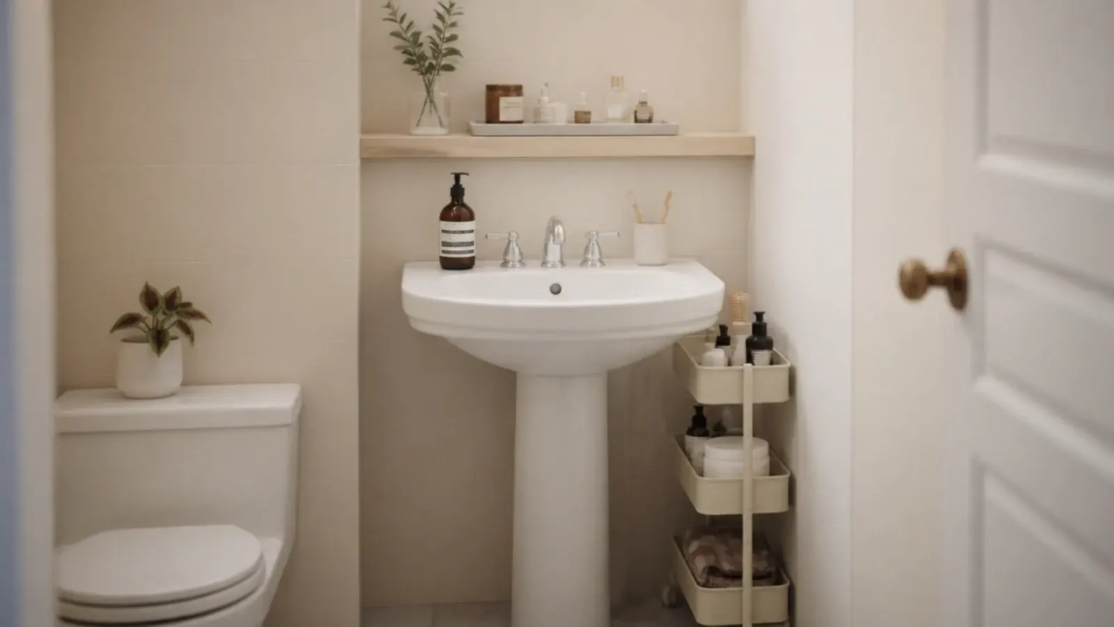 rental bathroom counter organised with a tray riser and rolling cart