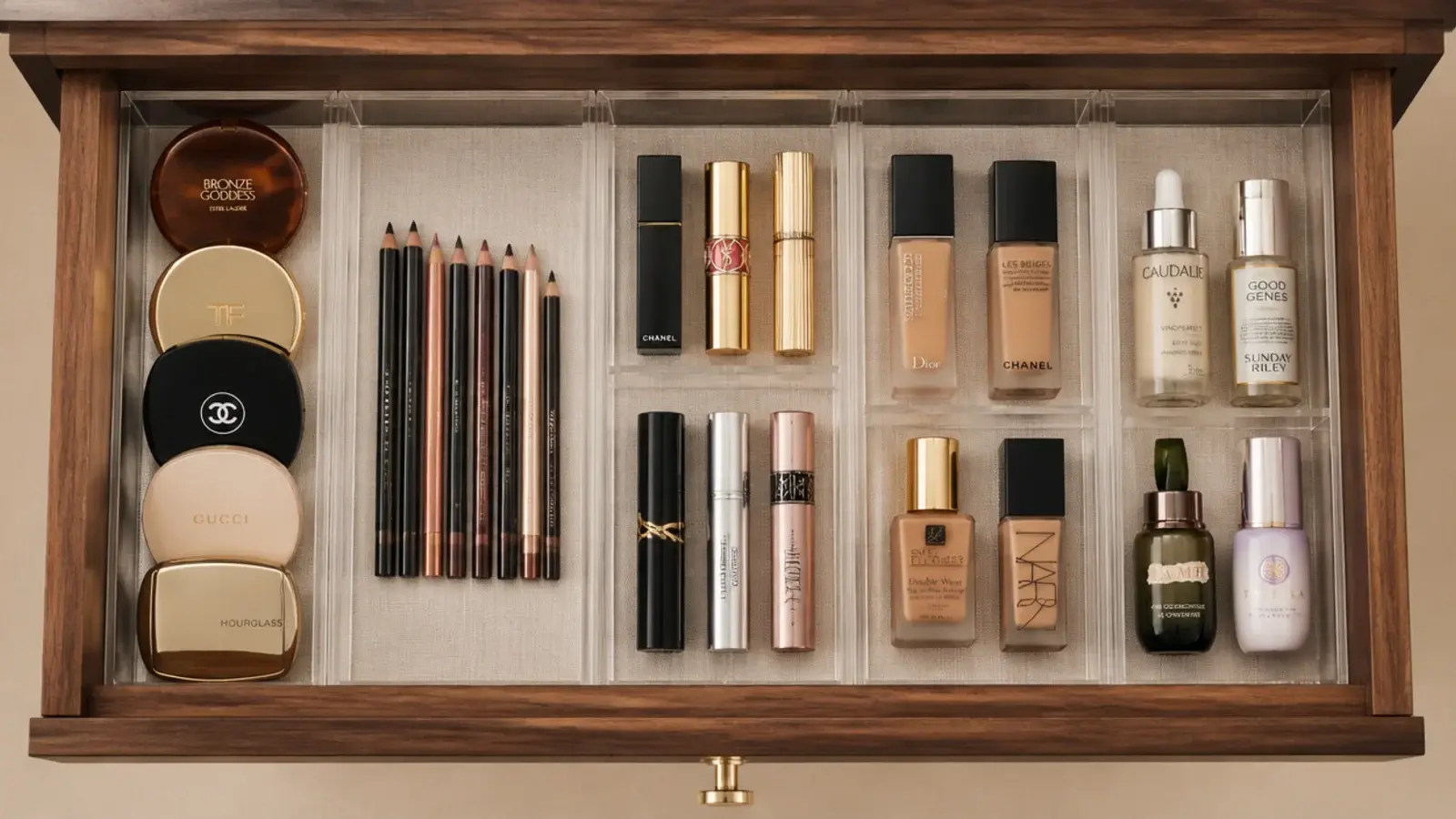vanity drawer fitted with measured inserts holding products in place