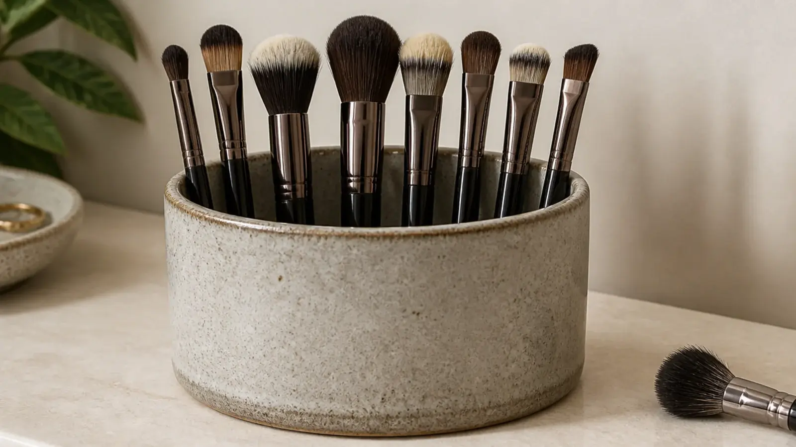 replacement brushes standing bristles up in a heavy stoneware cup
