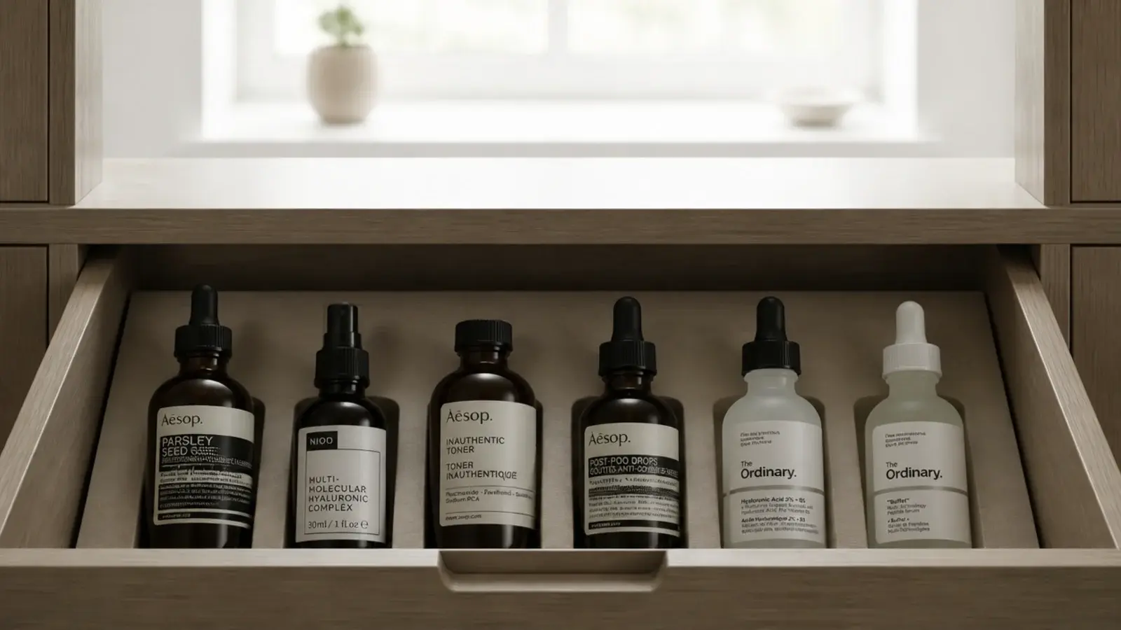 serums moved from a bright windowsill into a shaded closed drawer