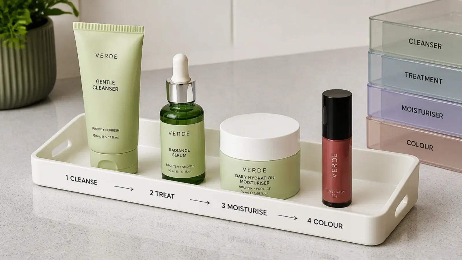 products relaid in routine order across a single vanity tray