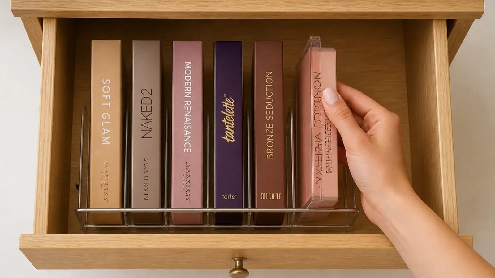 palettes filed upright in a rack instead of stacked in a drawer
