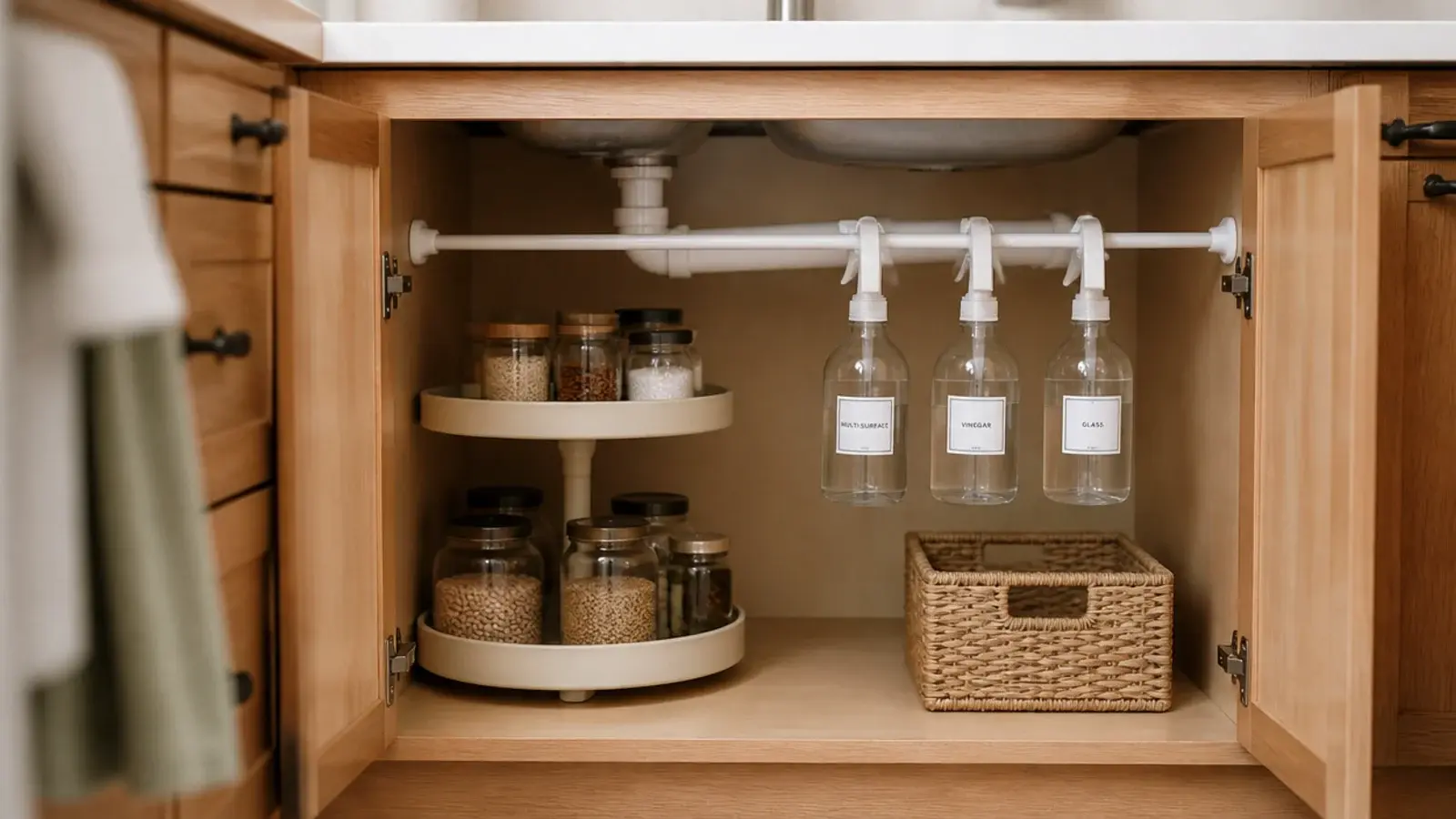 under sink cabinet with a turntable and tension rod holding bottles