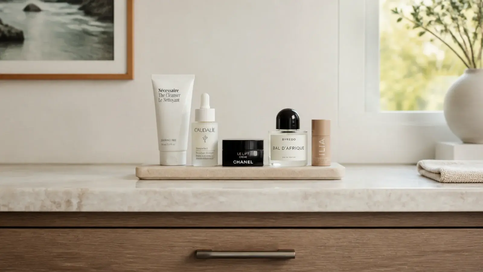 vanity counter reduced from thirty two products to five daily items