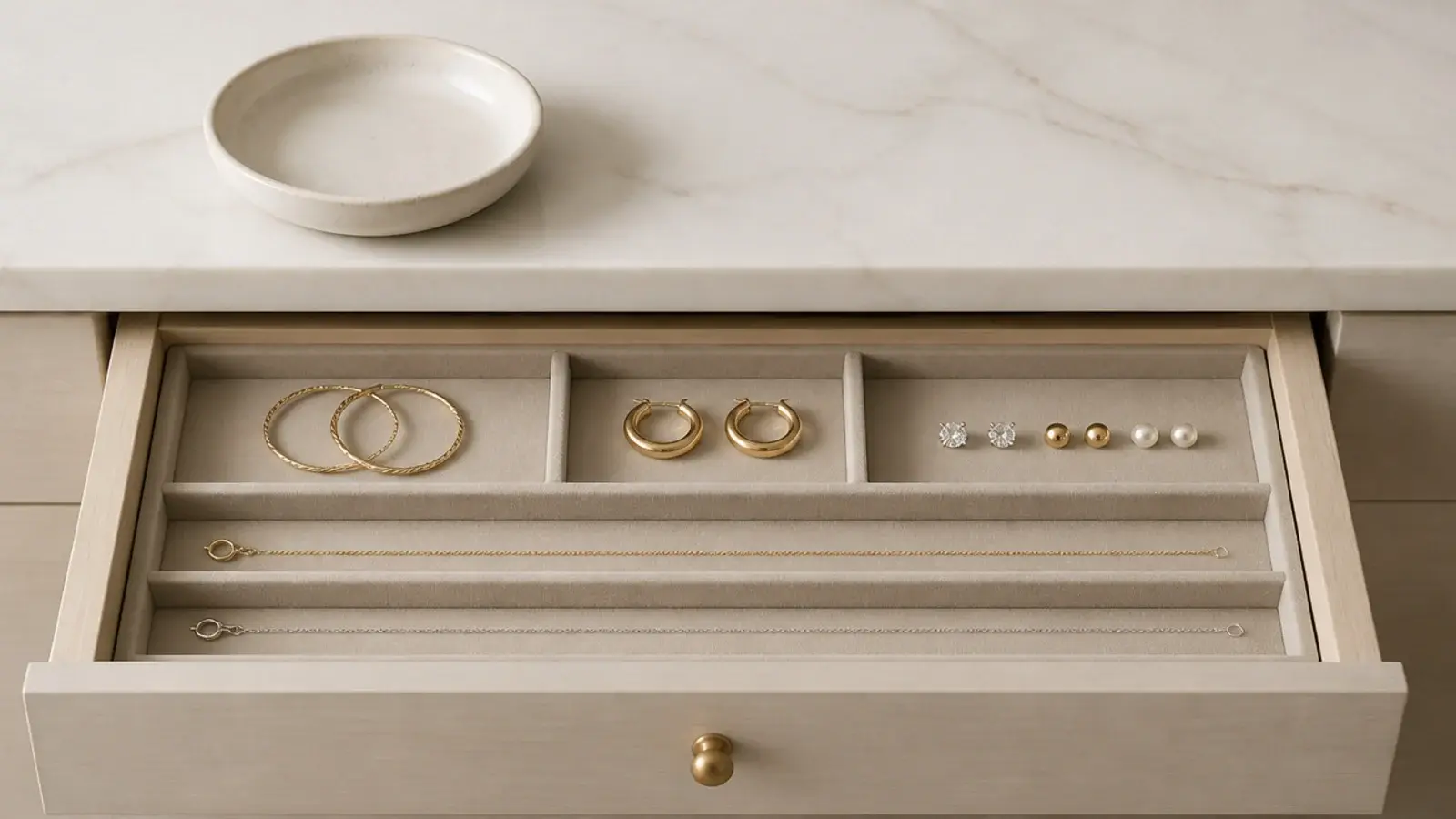 jewelry moved from an open dish into a compartmented drawer tray