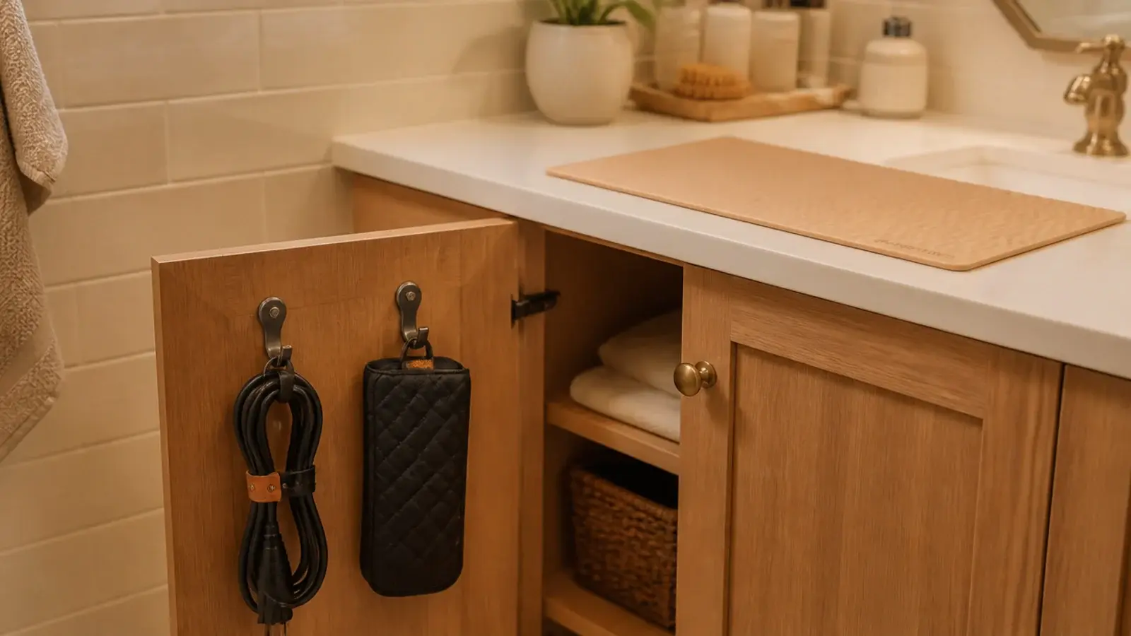 hair tools hung inside a cabinet door with a heat mat below
