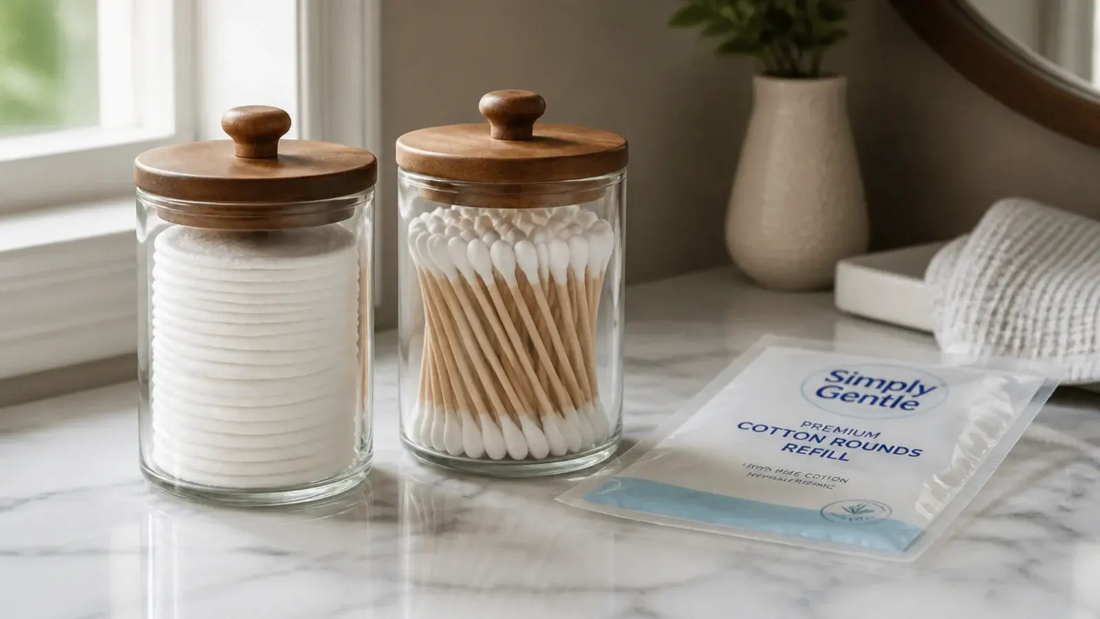 cotton rounds decanted from a plastic bag into two glass canisters
