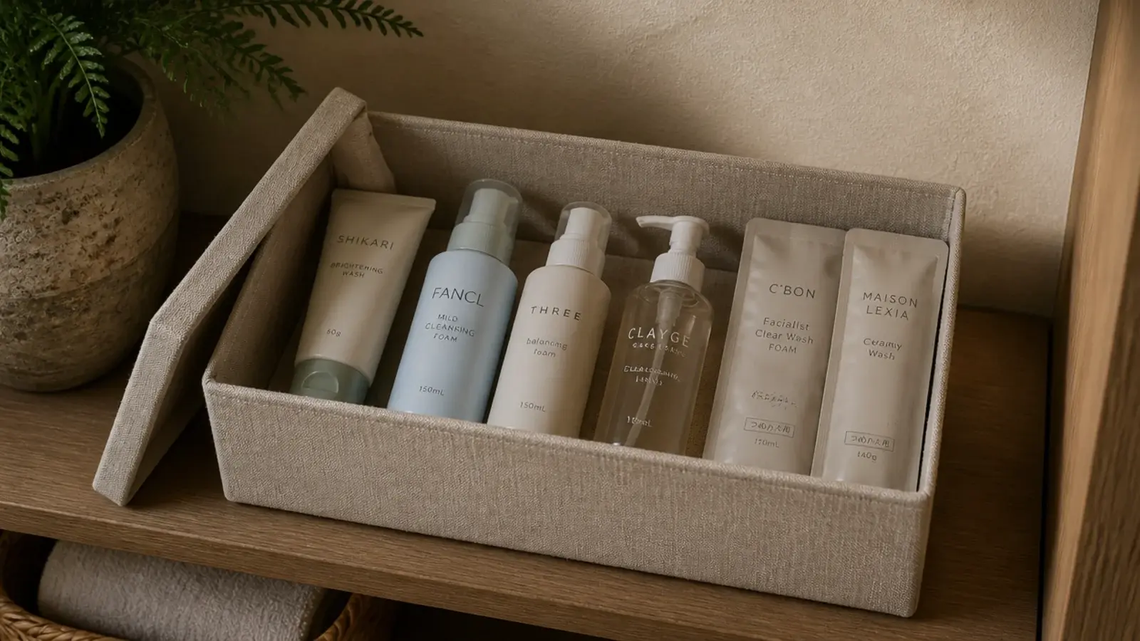 backup skincare gathered into one lidded linen storage box