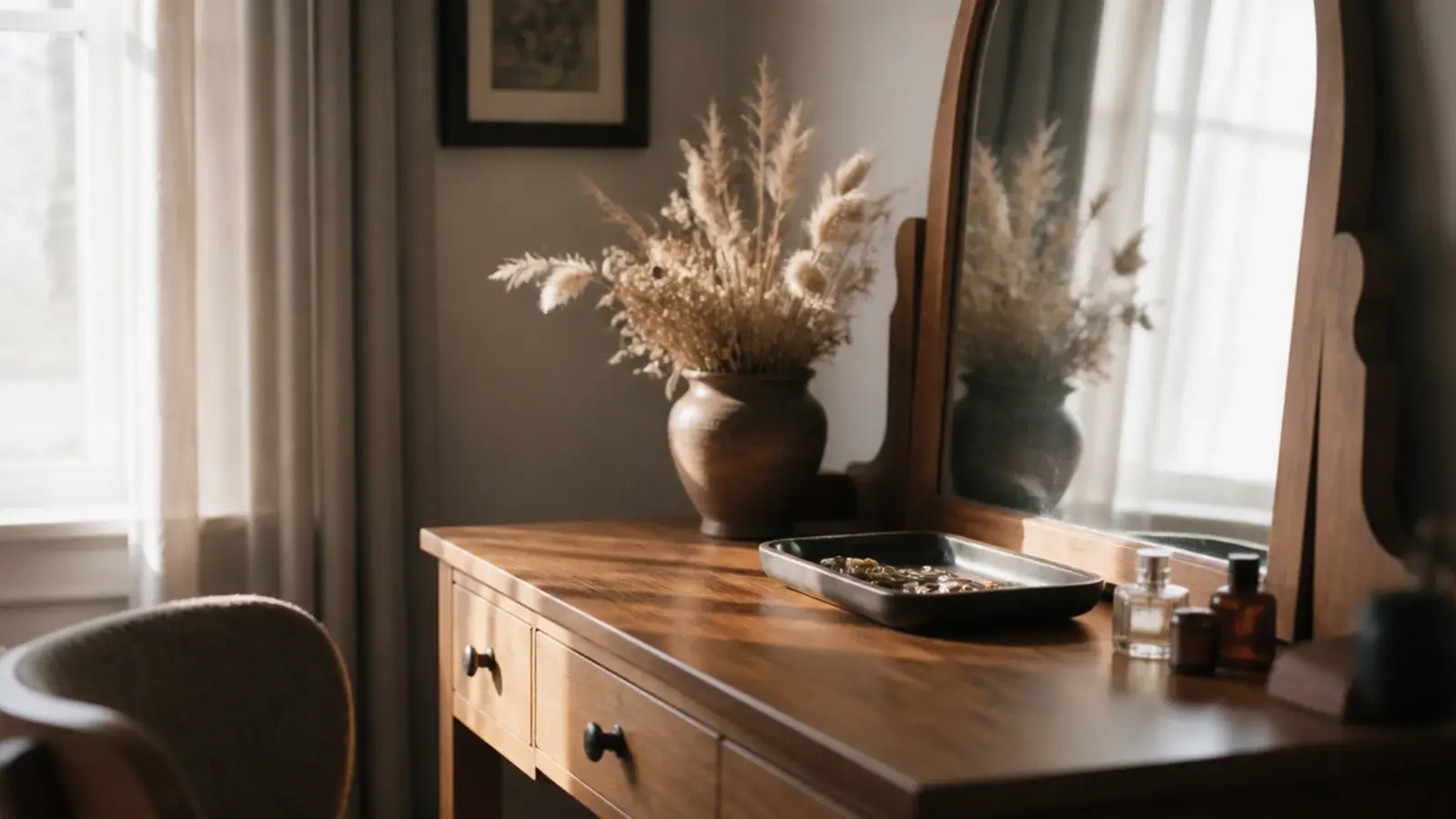 dressing table moved perpendicular to a window for side daylight