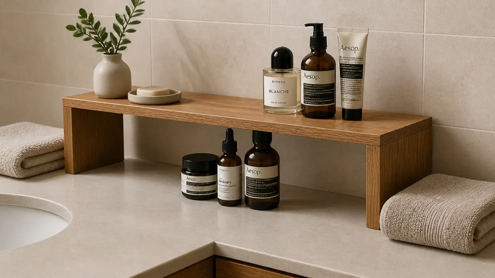 shared bathroom counter divided by a riser giving two clear zones