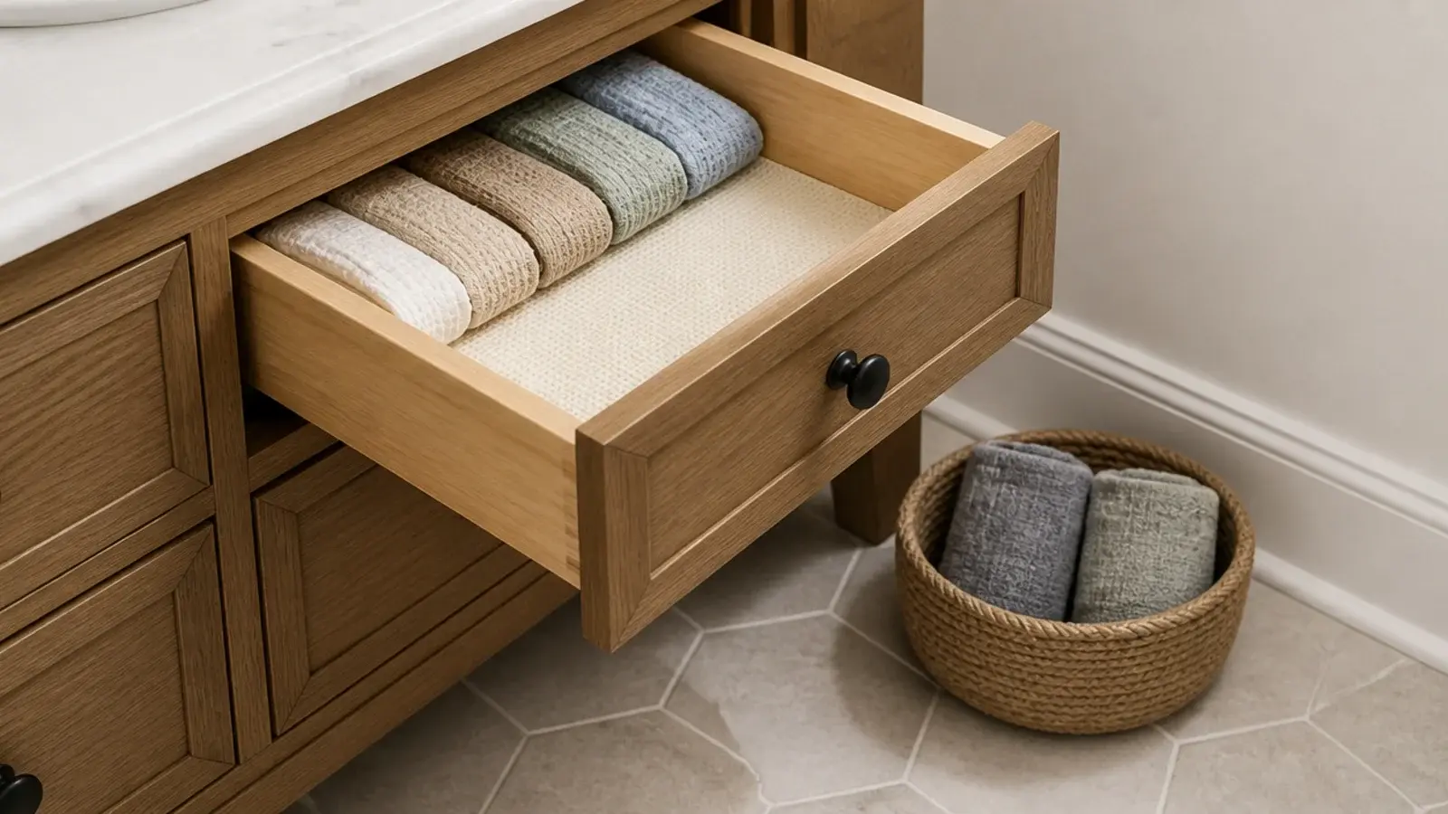 small jute basket collecting used washcloths beside a bathroom vanity