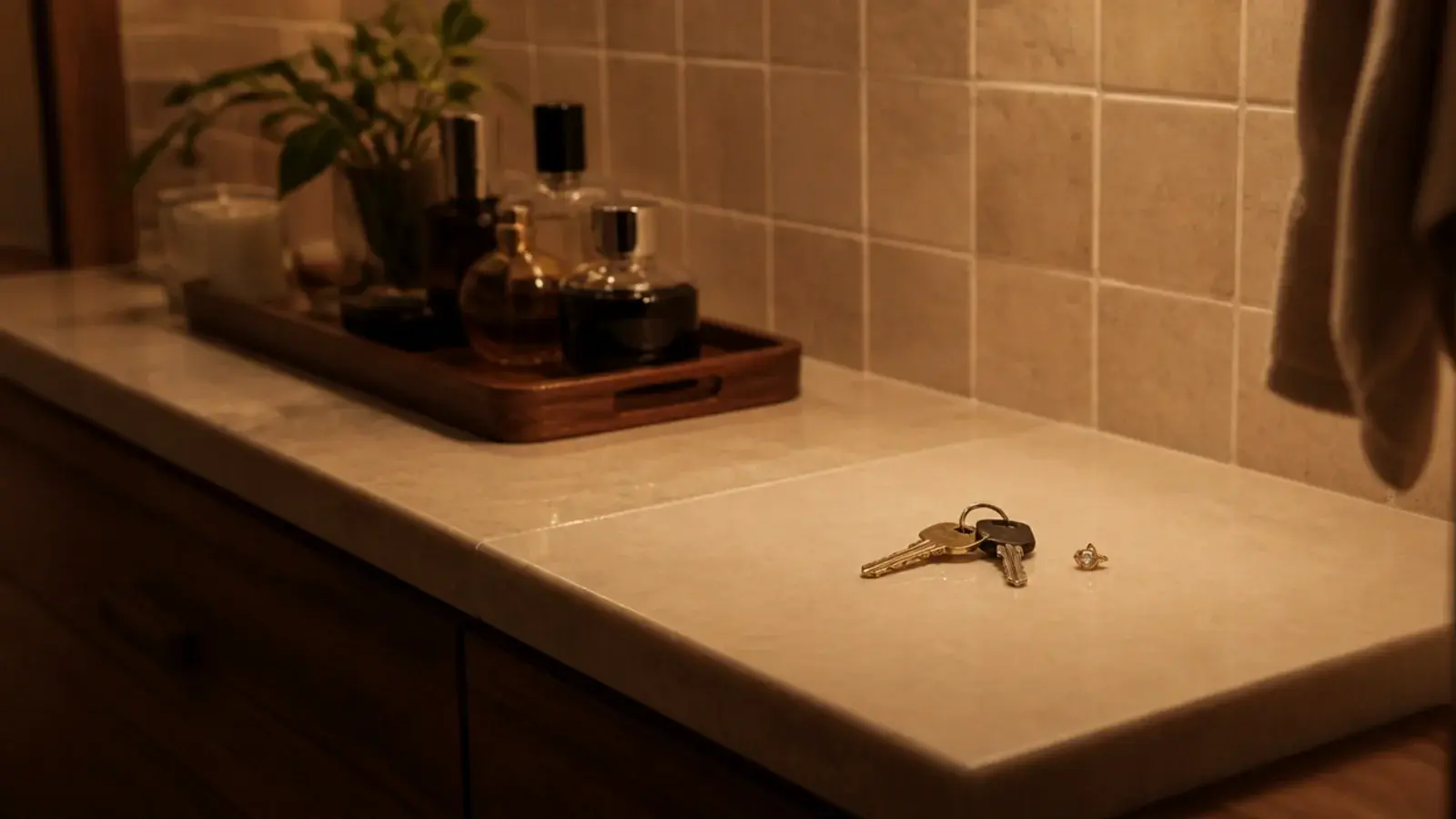 vanity counter with one square left deliberately clear as a landing pad