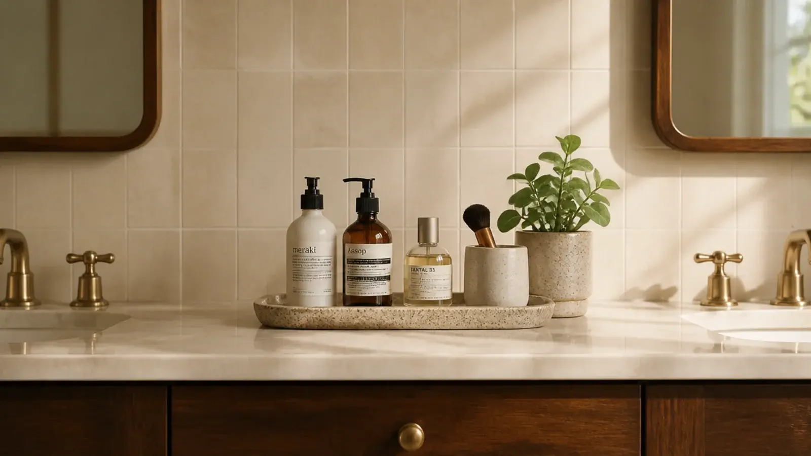 vanity before and after showing a crowded counter turned calm and simple
