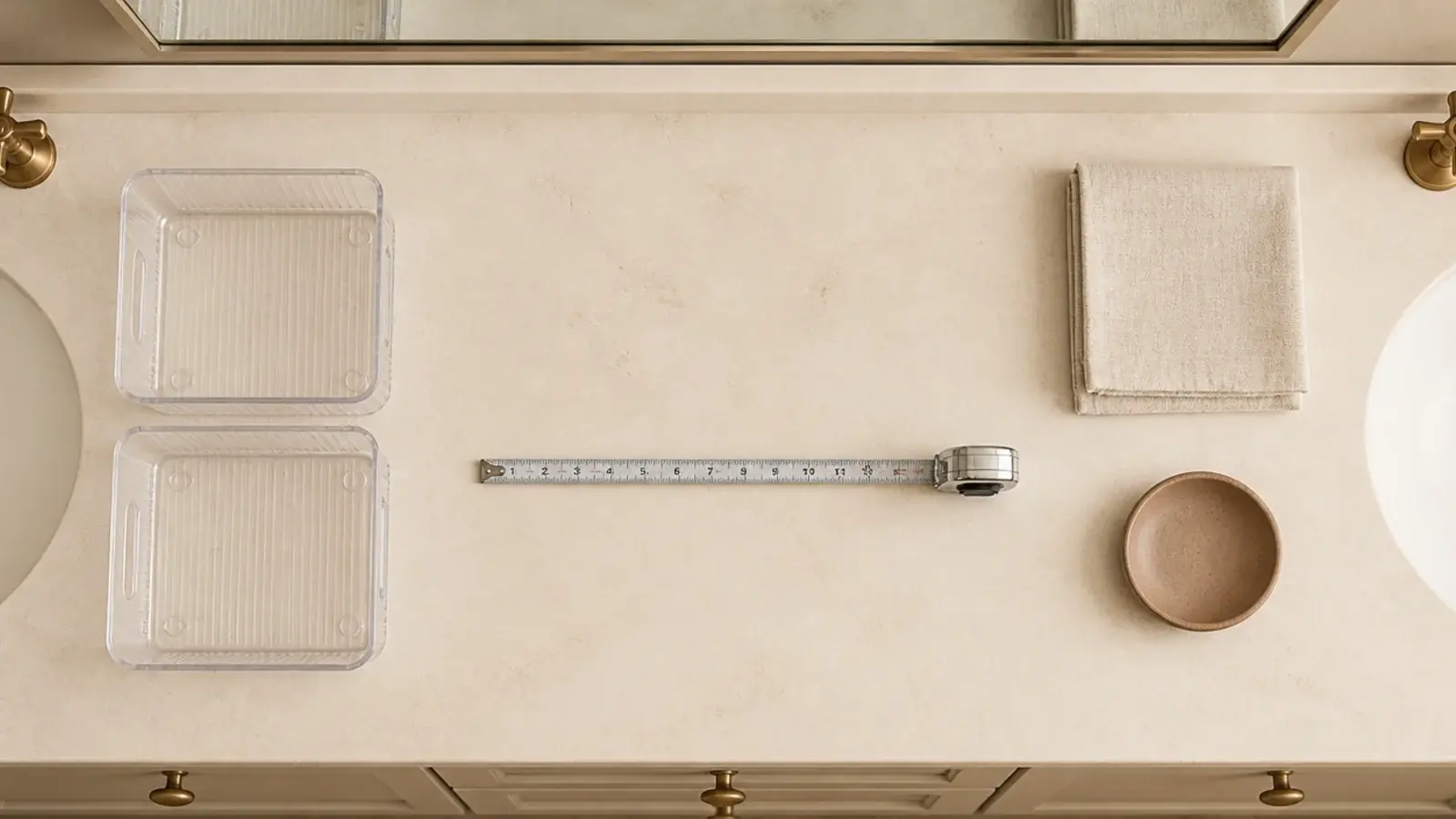 tape measure across an empty vanity counter beside stacked clear drawer inserts