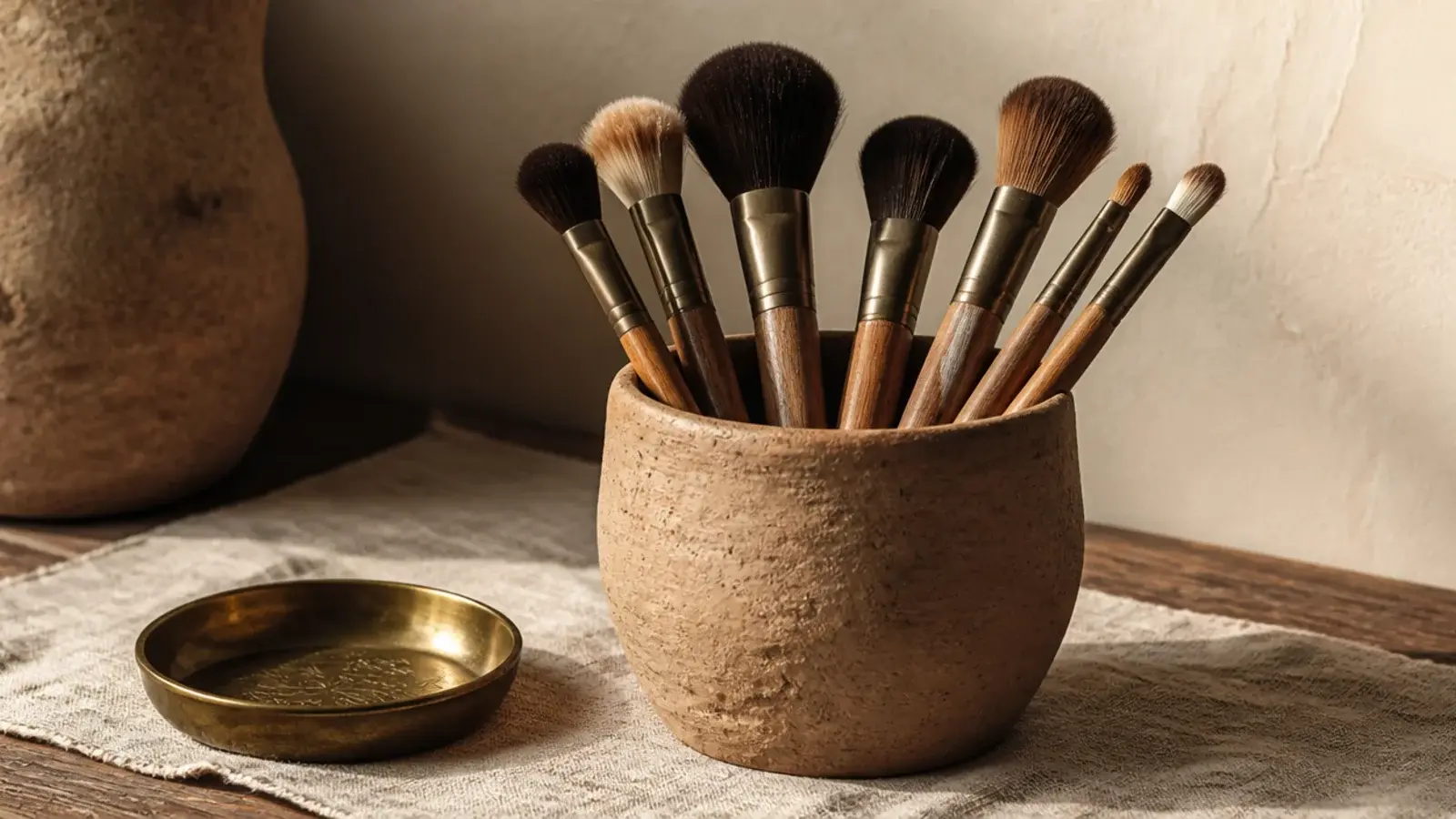 heavy clay cup holding makeup brushes standing upright with bristles up