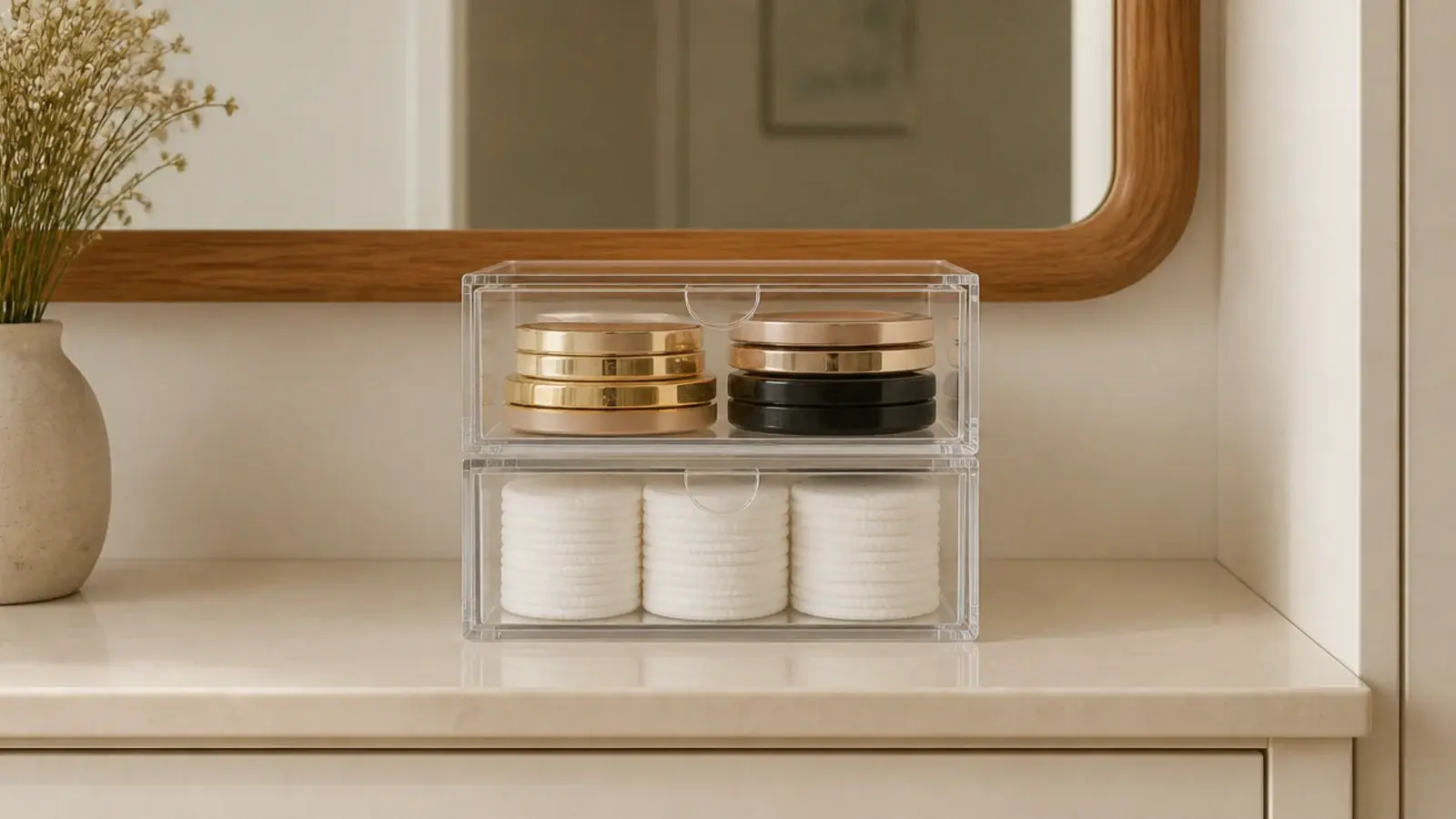 two clear acrylic drawer units stacked on a small bathroom vanity counter
