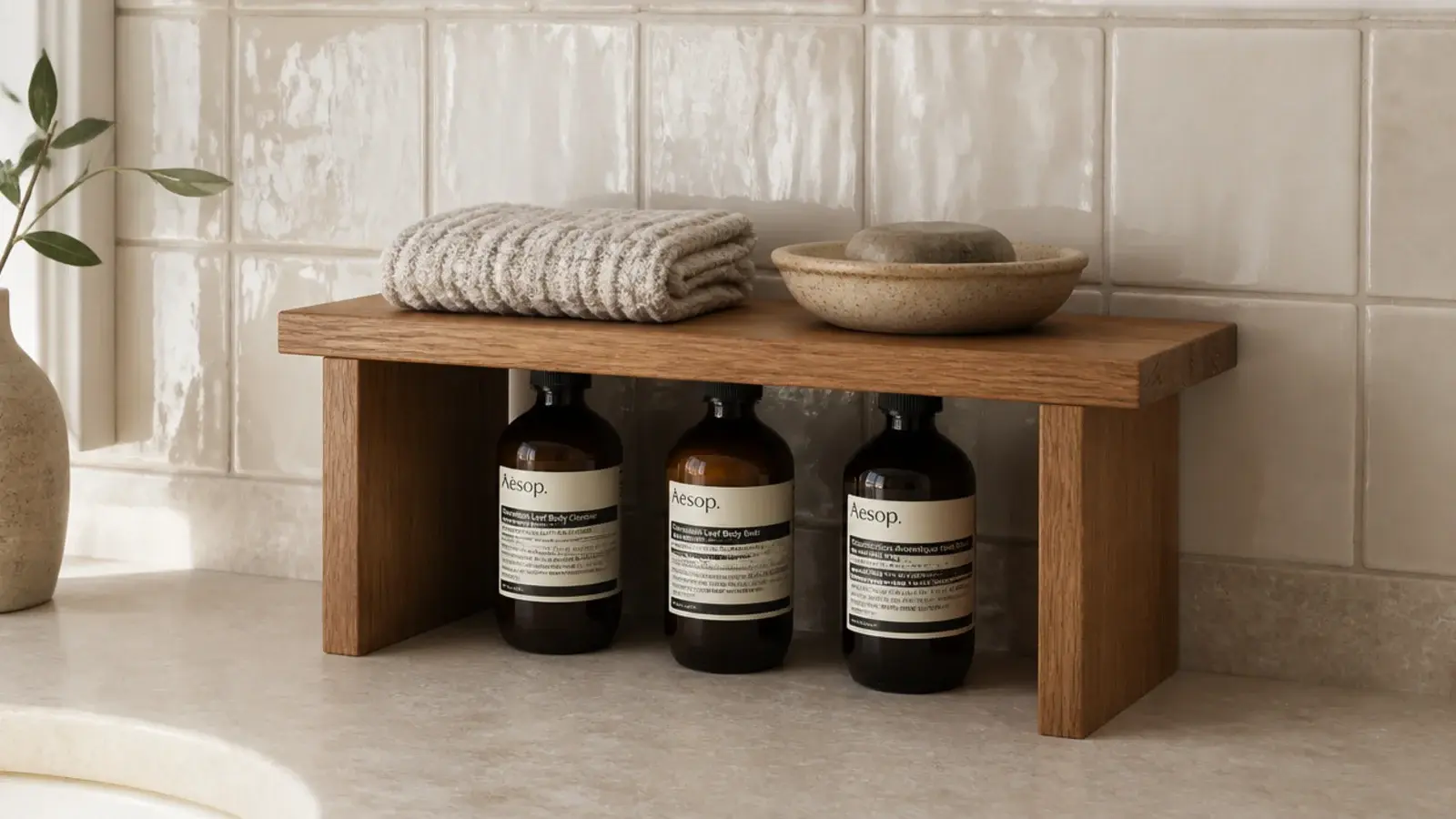 small oak riser shelf lifting bottles above the vanity counter surface