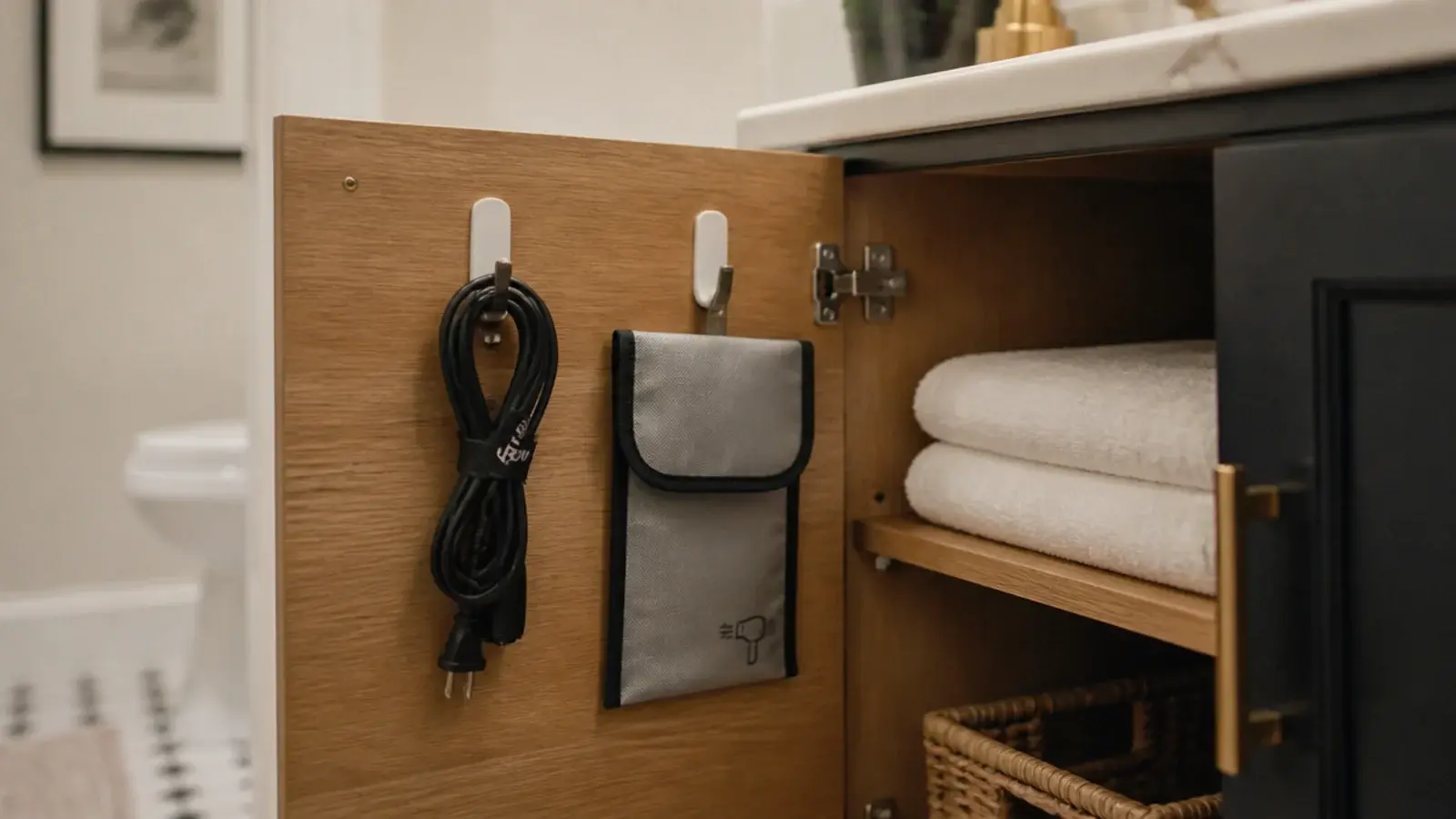 adhesive hooks mounted inside a vanity cabinet door holding a hair dryer