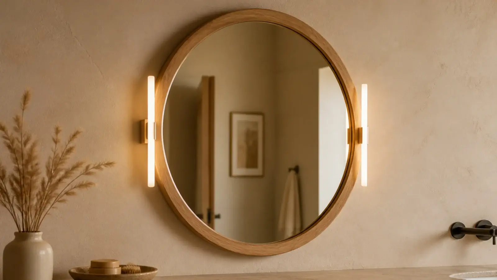 rechargeable warm light bar clipped beside a vanity mirror lighting the face