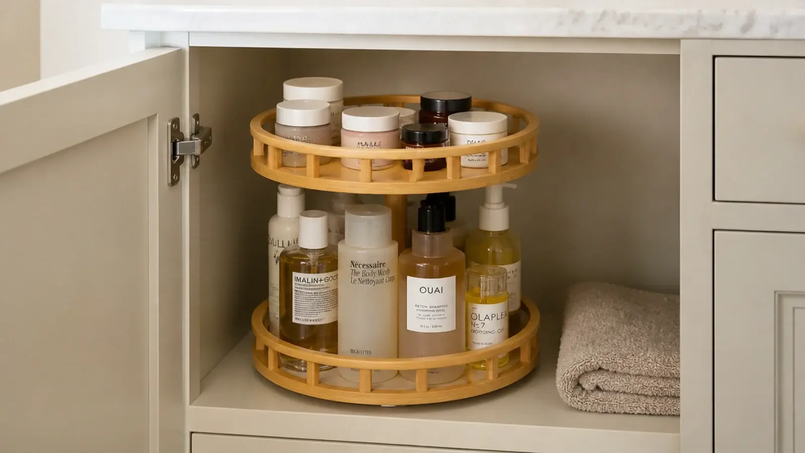 two tier turntable inside a vanity cabinet holding bottles and jars
