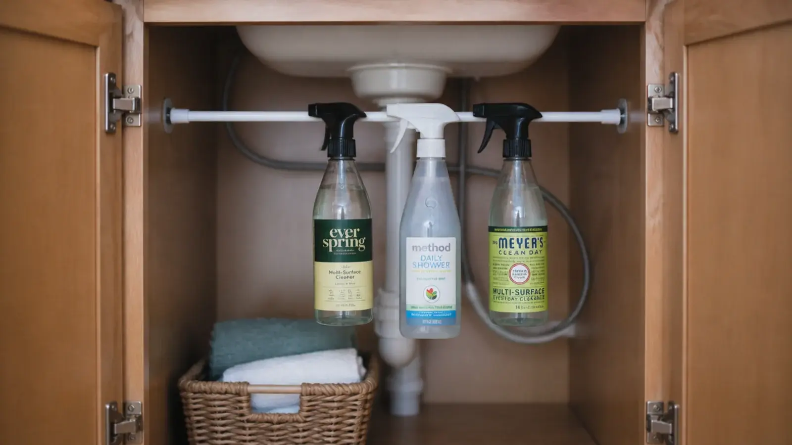 tension rod braced under a vanity sink hanging spray bottles by the trigger