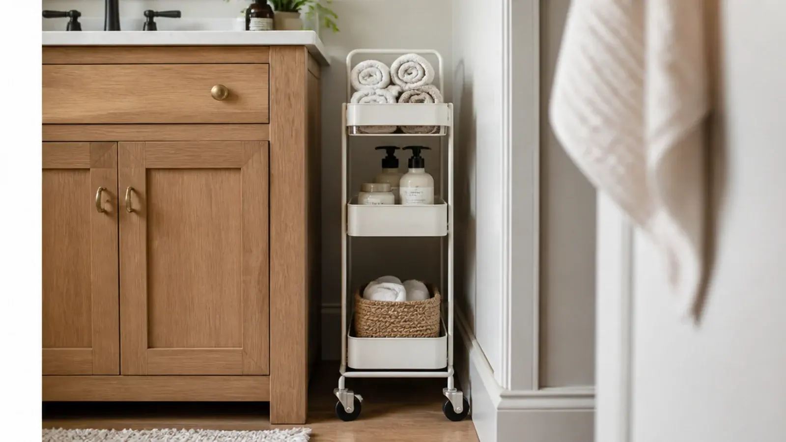 narrow rolling cart tucked into the gap beside a bathroom vanity