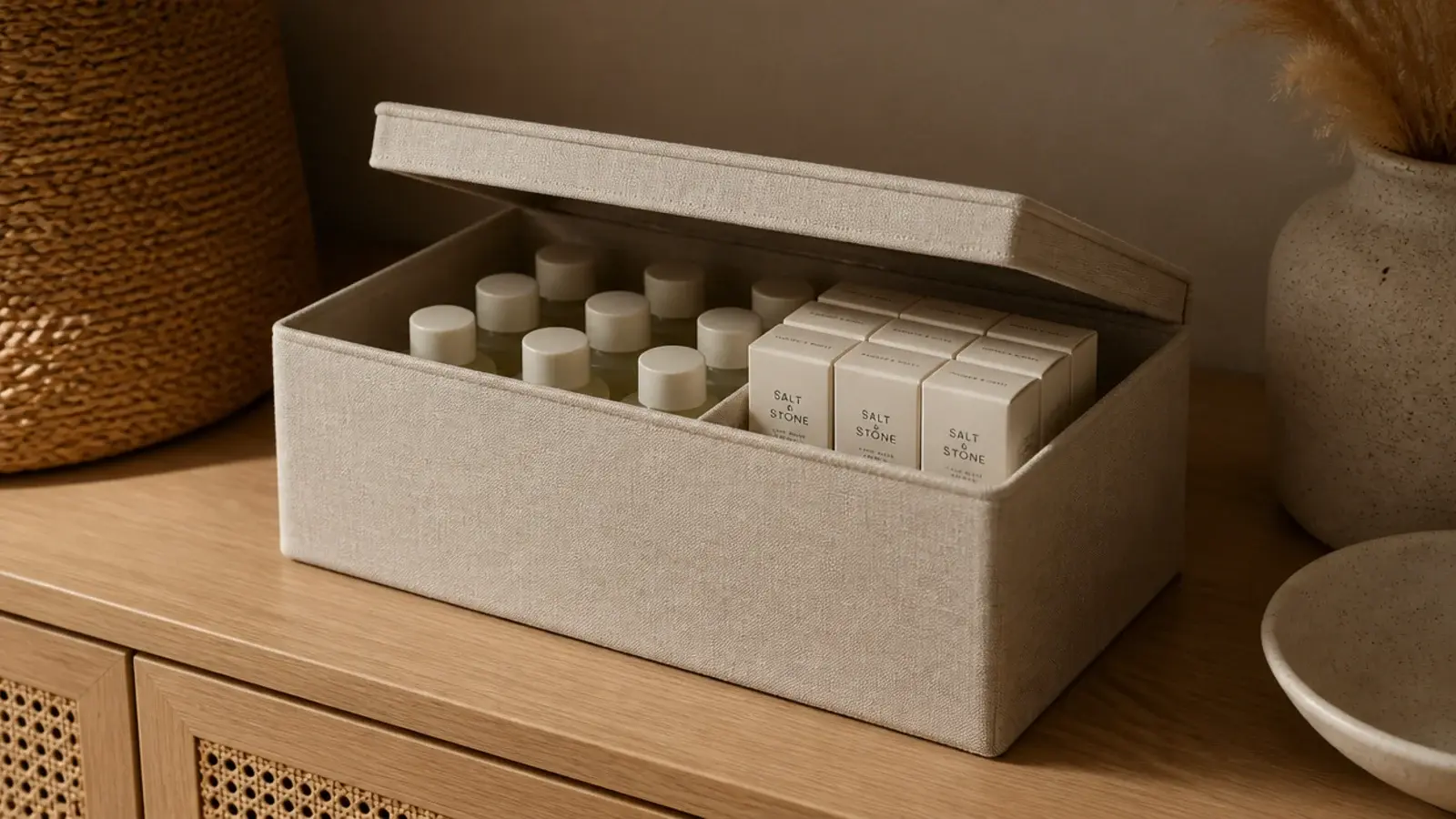 lidded linen box holding backup skincare bottles stored away from sunlight